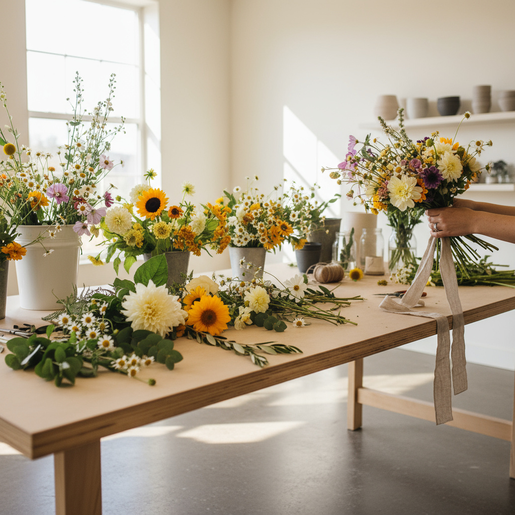 Moderner Floristik-Arbeitsplatz mit saisonalen Blumen